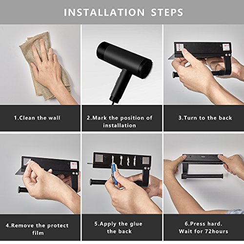 YAZOO Wall Mounted Toilet Paper Holder Black Stainless Steel Roll Holder With Mobile Phone Storage Shelf Adhesive Bathroom Accessories (Black-Two ways install) - Thumbnail 7