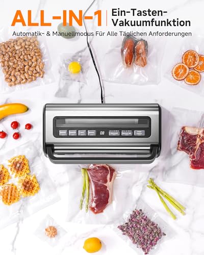 Vacuum Sealer 95 kPa, 9-in-1 Food Vacuum Sealer with Adjustable Time & Pressure Mode, Memory Function, Double Seal, Integrated Cutter & Bag Storage, Includes 2 Rolls & Hose