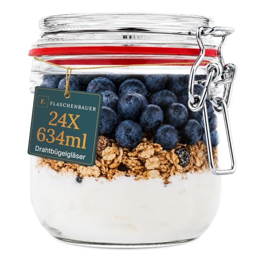 Flaschenbauer - 24er Set Drahtbügelgläser 634ml - Einmachgläser mit Bügelverschluss inkl. Etiketten - Vorratsglas, Bügelglas, Drahtbügelglas mit Dicht