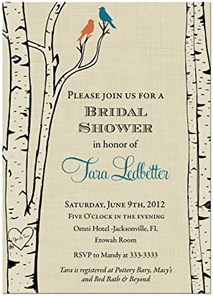Love Bird Birch Tree Bridal Shower Invitations, Any Color Birds, Base price is for a set of 10 5x7 inch card stock invitations with white envelopes