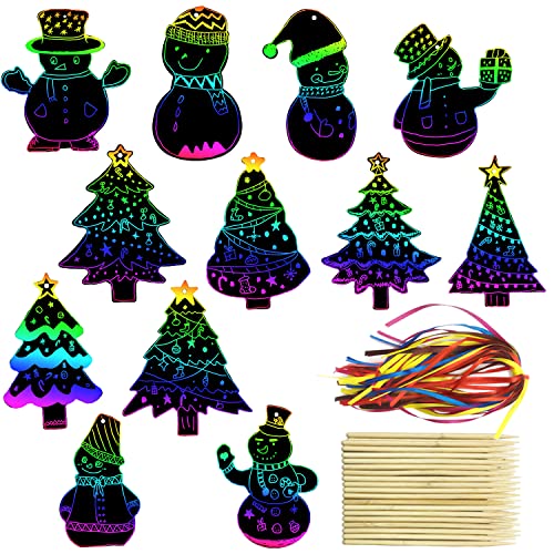 PARSUP 96Pcs Christmas Tree Snowman Scratch Paper Rainbow Color Scratch Ornaments Christmas Decorations Hanging Craft Art Kits with Wooden Stick and Ribbon for Kids Christmas Winter Party Favors