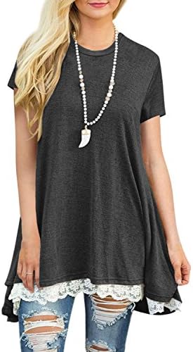 Kool Classic Women's Short Sleeve A-Line Lace Stitching Trim Casual Tunic Tops Dark Grey XX-Large
