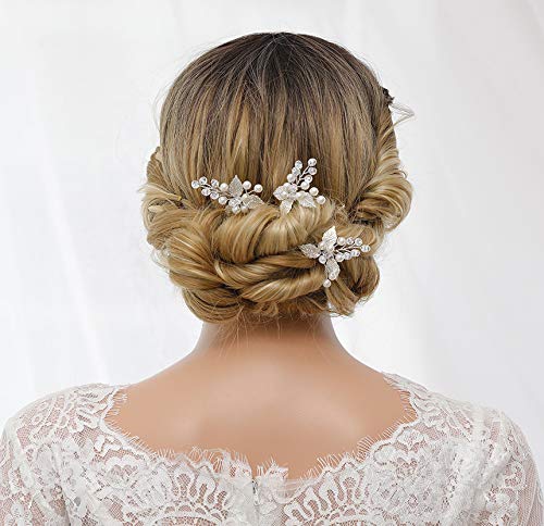 Campsis Leaves Bride Wedding Hair Pins Pearl Bridal Hair Barrettes Accessories for Women and Girls.(Set of 3)