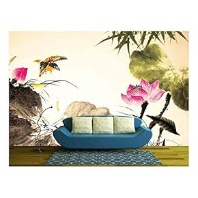 Ink Lotus Painting Hand Drawn - Removable Wall Mural | Self-Adhesive Large Wallpaper - 66x96 inches