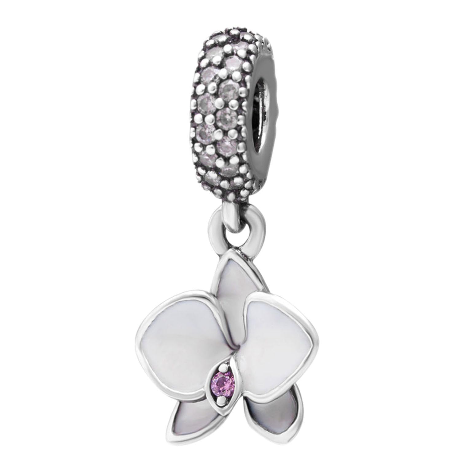 925 Sterling Silver Orchid Charm Flower Charm Anniversary Charm Christmas Charm Heart Love Charm for Pandora Bracelet (White)