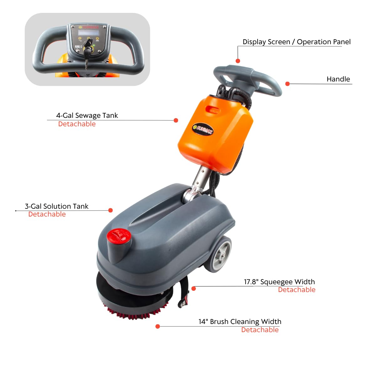 RT15+ 14“ Walk Behind Floor Scrubber Machine for Industrial Commercial Use, Lithium Battery Powered, Fast Charging Takes 3.5 Hours(RT15+)