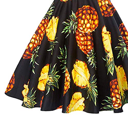 Women's Vintage Patchwork Swing Casual Party Dress Short Sleeve Lemon Pineapple Skirt (S, Black 3)