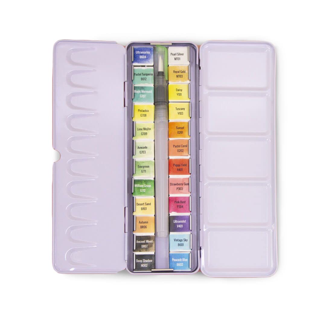Craftelier Watercolor Paint Set of 24 Colors with Brush, Including 2 Metallic Finish - Modern Design Metal Box