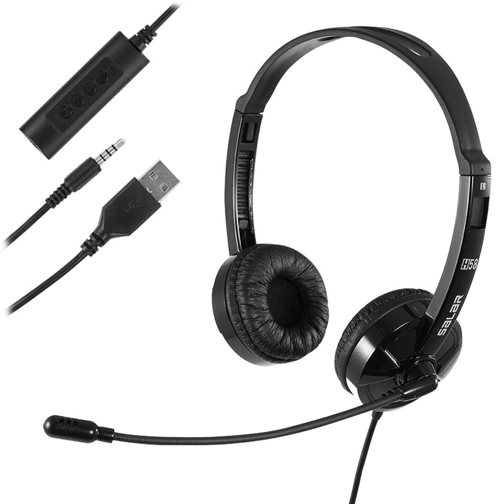 USB Headset with Microphone Noise Cancelling & Audio Controls, Stereo PC Headphone for Business Skype Call Center Office Computer, Clearer Voice, Super Light, Ultra Comfort