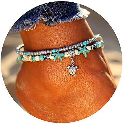 17KM Starfish Turtle Anklets Multi Layered Turquoise Stone Shell Boho Beach Sliver Charm Anklet for Women