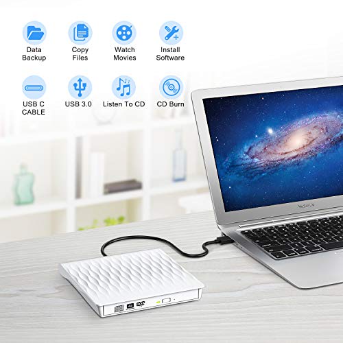 External CD DVD Drive, DUSASA USB 3.0 USB C Dual Port Slim Portable External CD DVD Rewriter Burner Writer,High Speed Data Transfer USB Optical Drives for Laptop/Macbook/Desktop/Win10/8/7 (White)