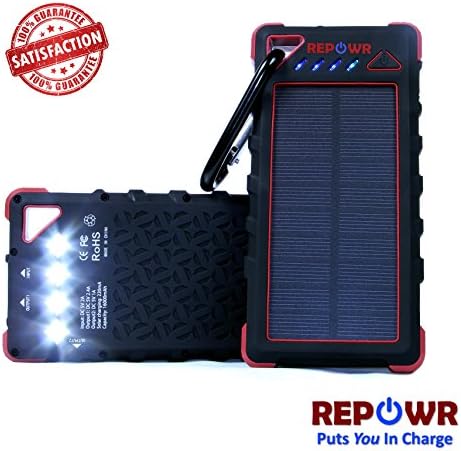 Waterproof Solar Charger | Portable 16000mAh Dual USB Power Bank | IPX7 Waterproof External Battery Pack with 4LED Flashlight | For iPhone 8 iPad Samsung S8 Note8 Android Phones | By REPOWR (Red)