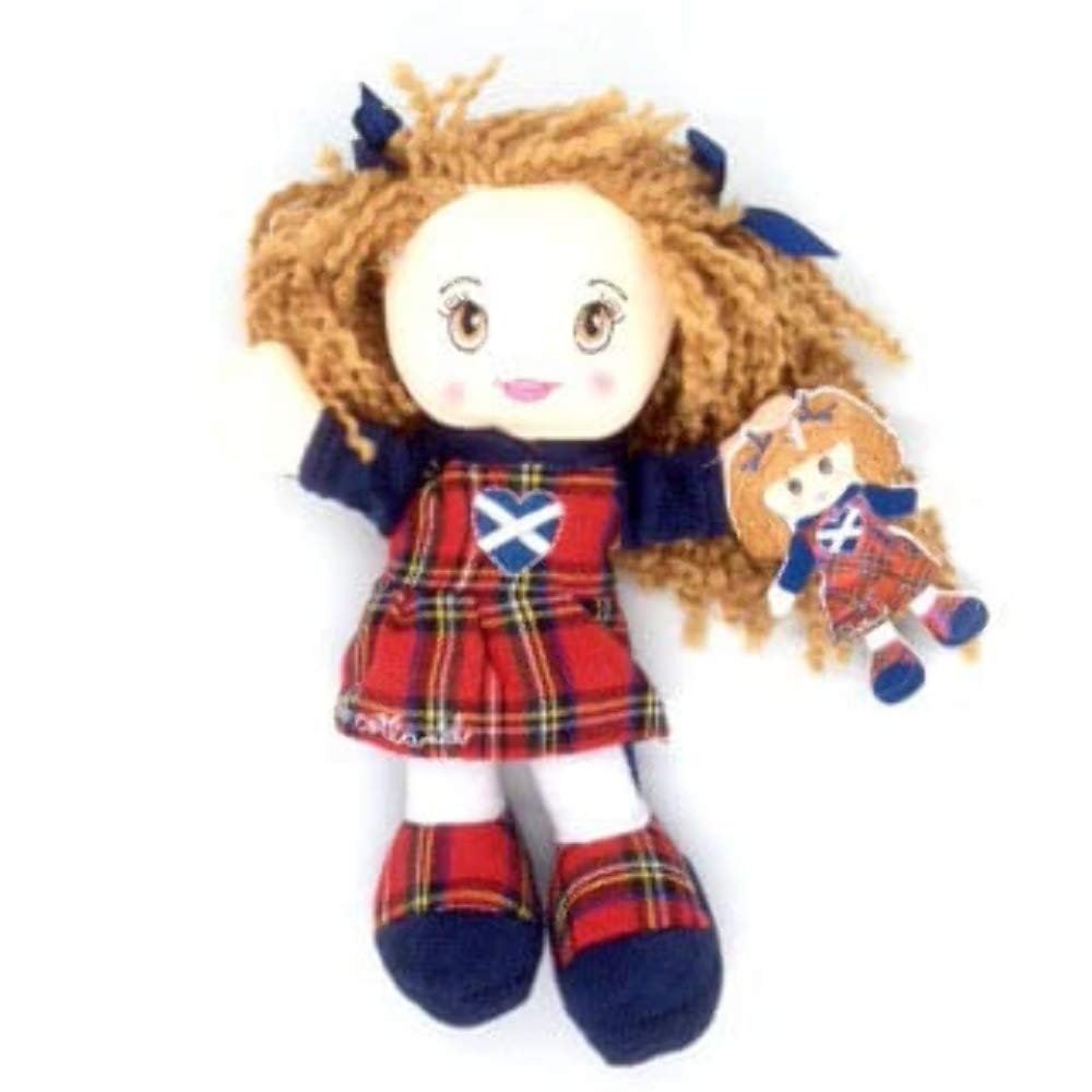 Elgate Cute Scottish Small Rag Doll With Tartan Dress Long Red Hair In Bunches and Hoop For Hanging In Car etc.