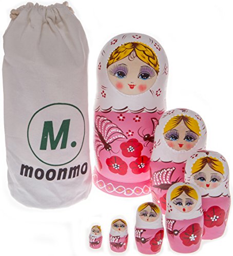 Moonmo 7pcs Beautiful Handmade Wooden Russia Nesting Dolls Gift Russian Nesting Wishing Dolls Gold Hair Matryoshka Traditional.