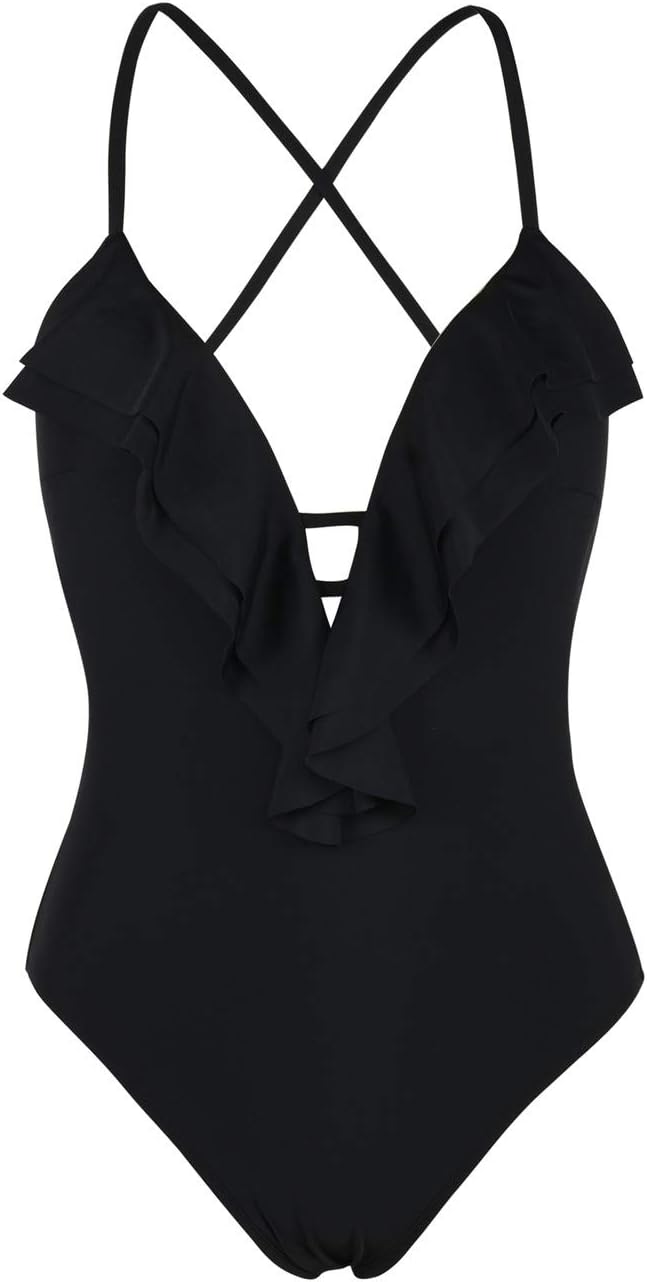 Firpearl Women's One Piece Swimsuit Plunge Ruffle Cross Back Monokini Bathing Suit