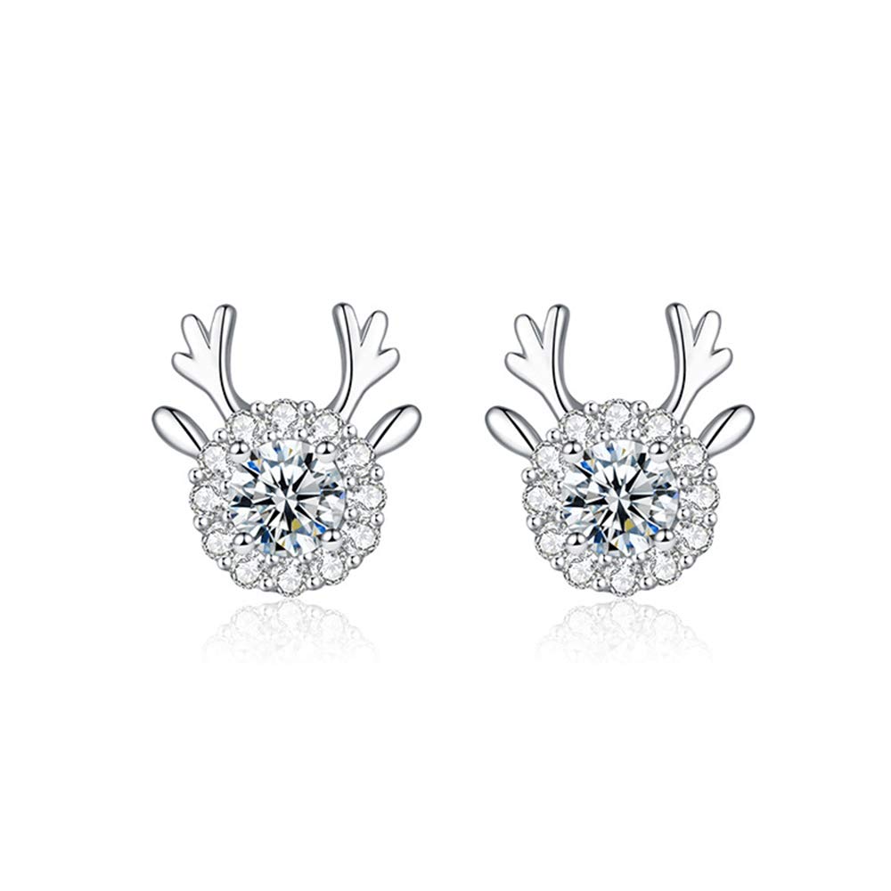 wynn's Silver Christmas Stud Earrings for Women, 925 Sterling Silver Xmas Reindeer Stud Earrings, 10mm Small Sleeper Studs with AAAAA White Cubic Zirconia, Gifts for Christmas — image 1