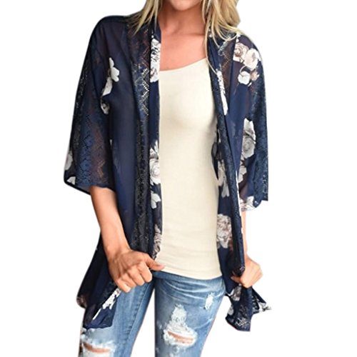 Ankola Clearance! Women Cover up Cardigan Women Floral Print Beach Chiffon Loose Shawl Kimono Cardigan Top Cover Blouse (Blue, XL)