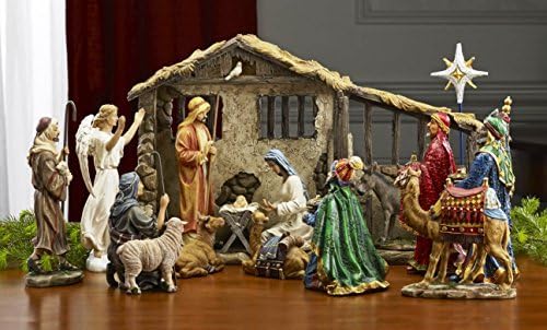 Deluxe Edition 16 Piece 14 inch Nativity Set with Real Frankincense Gold and Myrrh by Three Kings Gifts