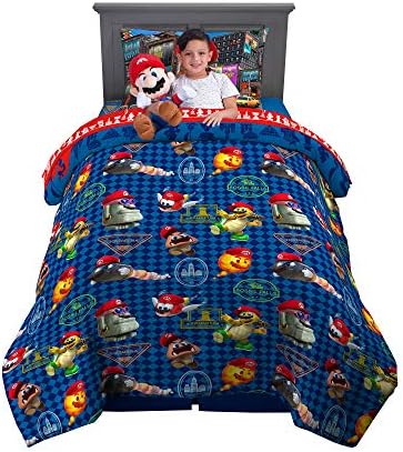 Super Mario themed bedding set including pillow, sheet, and comforter.