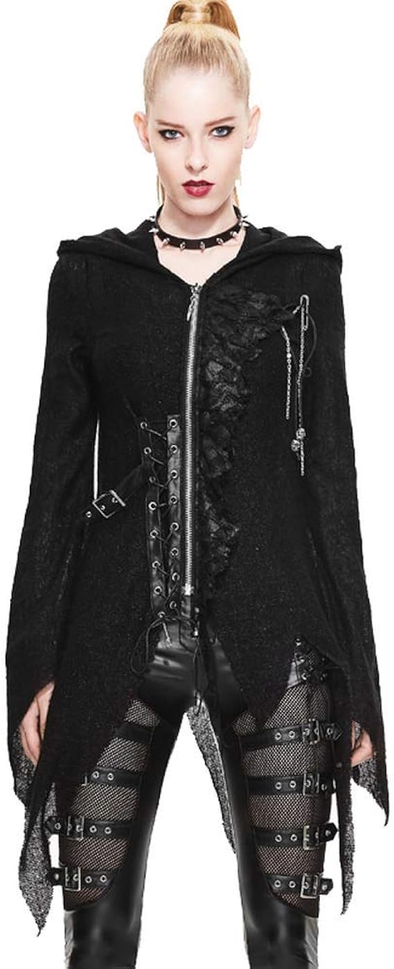 Amazon 悪魔ファッション女性ゴシックパンクジャケットスリムフィット不規則な長袖フード付き生き抜く女性人格ジャケットコート コート ジャケット 通販