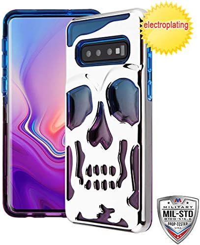 iHeartGlitter - for Samsung Galaxy S10 Silver Skull Plated Blue Purple Head Cover Phone Case [ONLY S10 Model]
