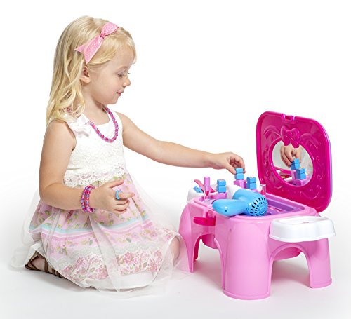 Next Milestones Girls Vanity Makeup and Stool Seat with Jewelry Toy Set, Hair Dryer with Sound, Hair Brush, Necklace, Lipstick, Nail Polish, Mirror and more