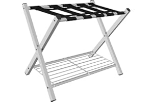 mocomax 1 Pack Folding Luggage Rack for Guest Room, Foldable Suitcase Stand Holder with Metal Storage Shelf for Bedroom, Living Room, Hotel Essentials, Heavy Duty Steel Frame, White