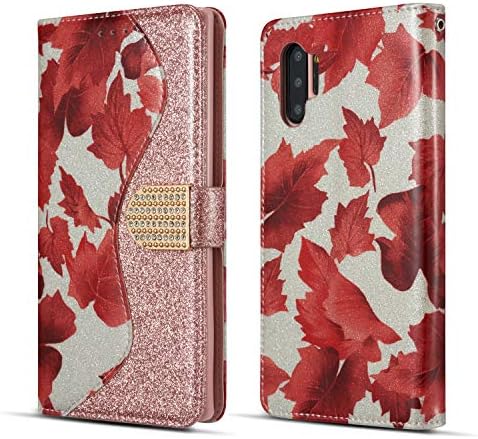 SEEYA Phone Wallet for Samsung Note 10 Plus Case Glitter, Elegant Red Maple Leaf Design Leather Case Flip Cover Shockproof with Card Slots Girly Pink Bling Buckle for Samsung Galaxy Note 10 Plus