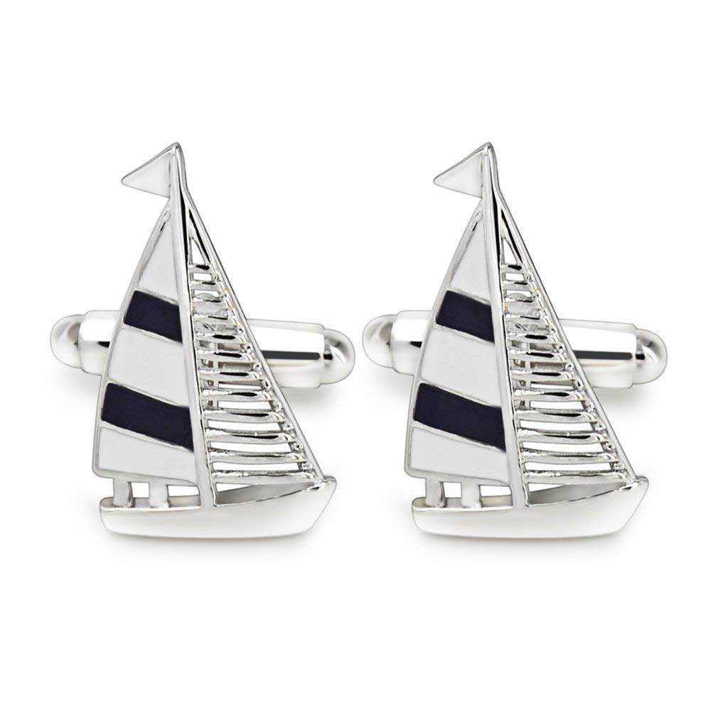 Mr.Van Sail Boat Cufflinks, Navy Blue Stripe Cuff Links for Men's Shirt Wedding Business Jewelry Gift