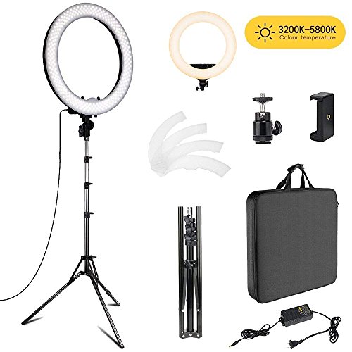 Neato Tek 18 inch Photo Video Bi-Color LED Selfie Ring Beauty Light Stand, LED Dimmable & Color Temperature Adjustable Makeup Circle Lighting Kit