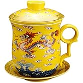 GOLDY&WENDY Ceramic Tea Mug with Strainer Infuser and Lid and Saucer Chinese Porcelain Tea Cup Loose Leaf Tea Brewing System for Home Office