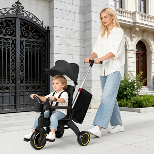 AM ANNA Folding Kids Tricycle, 5 in 1 Baby Trike W/Removable & Adjustable Canopy, Parent Handle, 5-Piont Safety Harness, Toddler Bike Stroller, EVA Wheels, Soft Armrest (Black with Storage Bag)
