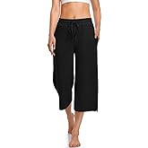 UEU Womens Capri Yoga Pants Summer Wide Leg Loose Casual Cropped Lounge Drawstring Pajama Capris Sweatpants with Pockets