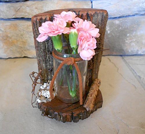 Rustic decor - wall or table. Locust wood fencepost and antique glass jar