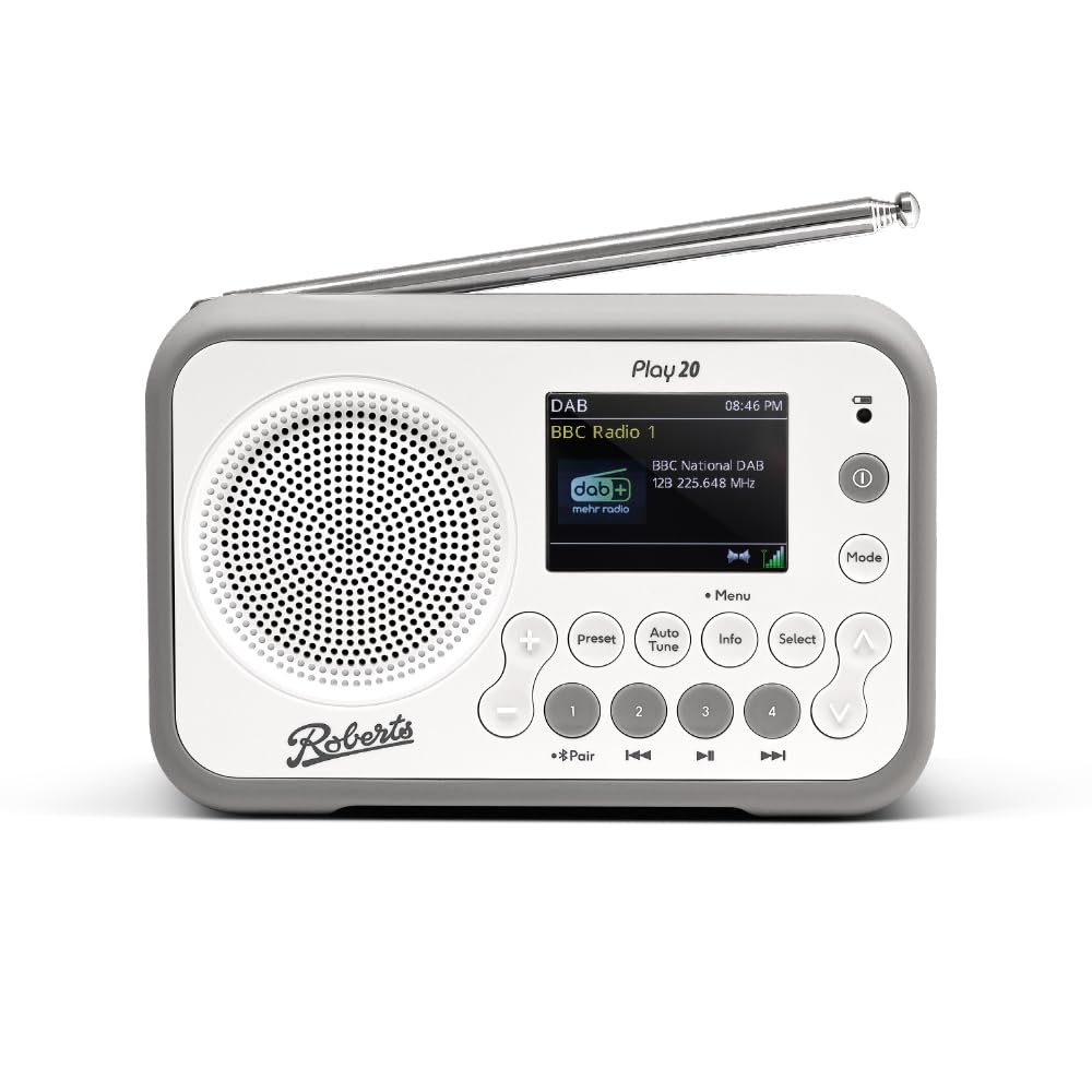 Roberts PLAY20 FM/DAB/DAB+ Digital Portable Radio, Rubber-Protected, Full Colour Screen, White