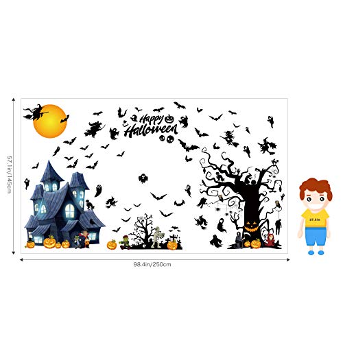 Jeicy 57"x98" Happy Halloween Wall Decals Pumpkins Spooky Cemetery Witch and Bats Tomb Wall Stickers for Halloween Decoration Super Size