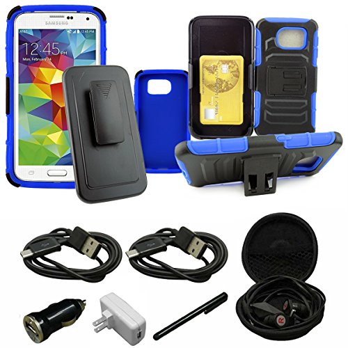 Mstechcorp - [Heavy Drop Protection] For Samsung Galaxy S6 edge G925 Verizon AT&T Sprint T-Mobile US Cellular), Belt Clip Holster Attached Protective Case - Does Not Fit 1st Gen Note Edge - Includes [Hands Free Earphone With Carrying Case] + [Touch Screen Stylus] + [Car Charger 2 Data Cable] (HOLSTER BLUE)