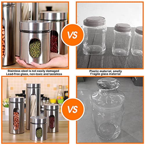 GGEROU Stainless Steel Food Storage Canister Sets with Glass Visible Window & Airtight Lids,Set of 6 Airtight Sugar Coffee Tea Candy Storage Jars，Food Storage Containers Grain Storage Tank (M：950ml)