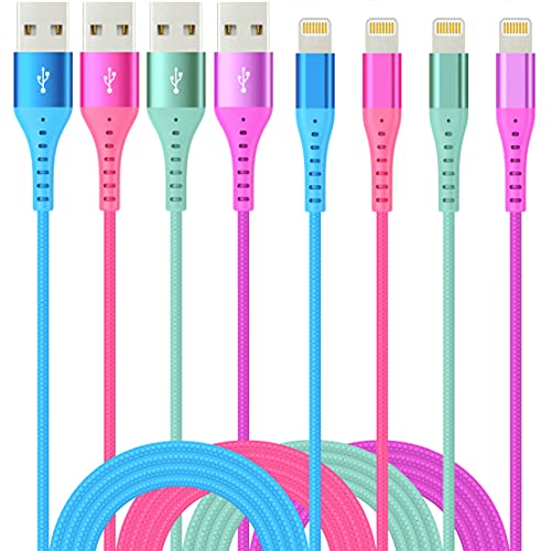 4Colors(Rose Green+Purple Blue) Lightning Cable 4Pack(6/6/6/6FT) iPhone Charger Apple Certified Unbreakable Fast USB Charging Cord Compatible for iPhone11Pro MAX Xs XR X 8 7 6S Plus SE 5S 5C