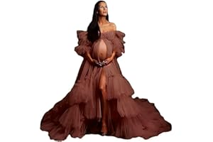 Fluffy Tulle Robe for Women Maternity Dresses Photoshoot Long Sheer Bridal Robe Old Hollywood Robe Lingerie, Light Brown, Lar
