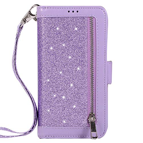 Shinyzone Wallet Phone Case for iPhone Xs with 9 Card Slots,iPhone X Glitter Leather Case with Zipper Pocket,Fashion Design with Hand Strap Magnetic Stand Flip [Dual Folio] Cover,Purple