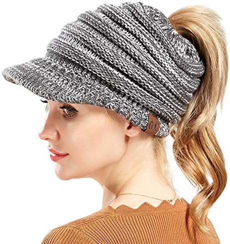 BeanieTail Warm Knit Messy High Bun Ponytail Visor Beanie Cap