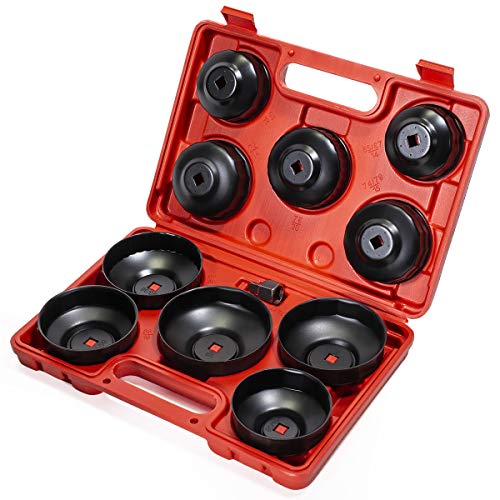 XtremepowerUS 10-Pieces Universal Oil Change Filter Cap Wrench Cup Socket 3/8" inch Square Drive Oil Canister Socket with Case