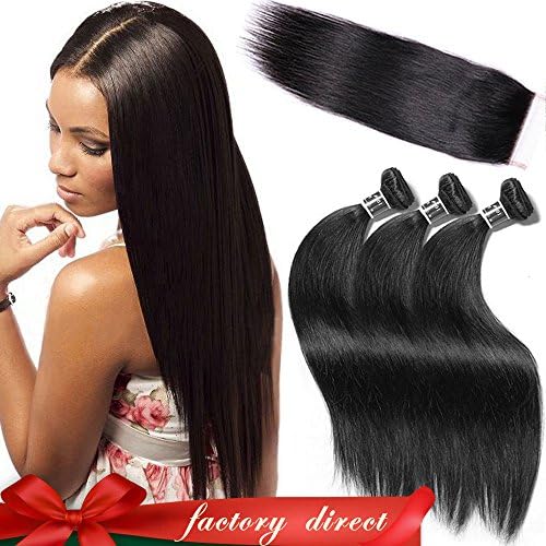 Aliglossy Hair Virgin Indian Straight Hair 3 Bundles with Closure 8A Unprocessed Human Hair Weave Extension 4"ร4" Free Part Lace Closure Natural Color (16 18 18 with 14, free part closure)