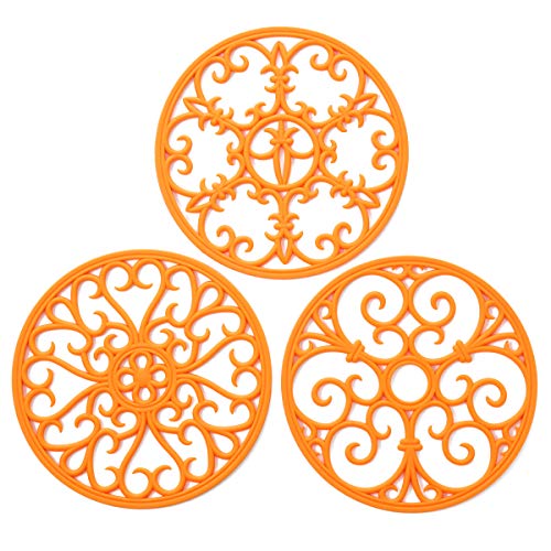 Silicone Trivet Mat - Non-Slip & Heat Resistant Kitchen Hot Pads for Countertops & Table - Kitchen Trivets for Hot Dishes & Cookware - Hot Pot Holder for Pots & Pans - Orange,Set of 3