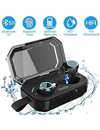 Auriculares inalámbricos con Bluetooth, IPX7, impermeables, control táctil, Bluetooth 5.0, estéreo Hi Fi con funda de carga de 3000 mh