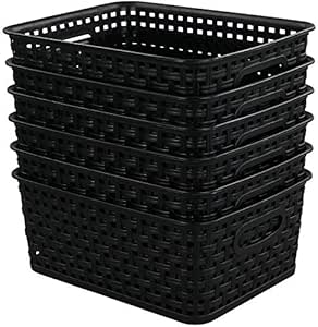 6 pieza canasta de almacenamiento, cesta de plástico de cocina, negro