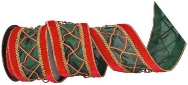Bows & Ribbons - Regency International Velvet Edge Sheer Cross Trim Ribbon, 4 inches x 5 Yards, Red Green Gold