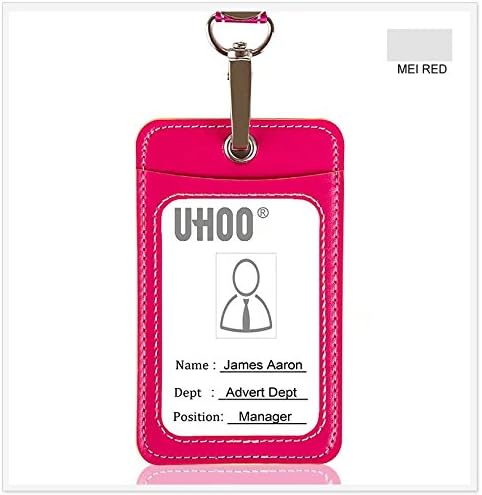 UHOO Badge Holder, Leather Vertical ID Card Holder with Neck Lanyard Multi Card Holder(Rose Red)