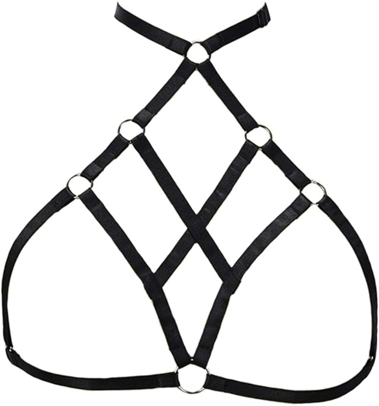 Women Sexy Harness Bra - Strappy Cupless Cage Bras Hallow Out Bralette Crop Top Belt Elastic Lingerie Black (Black)